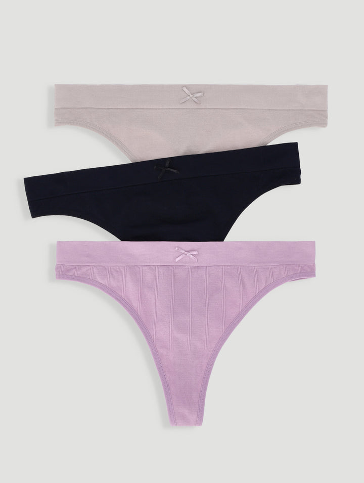3 Pack Seamless Thong Panties - Lavender/Goat/Black