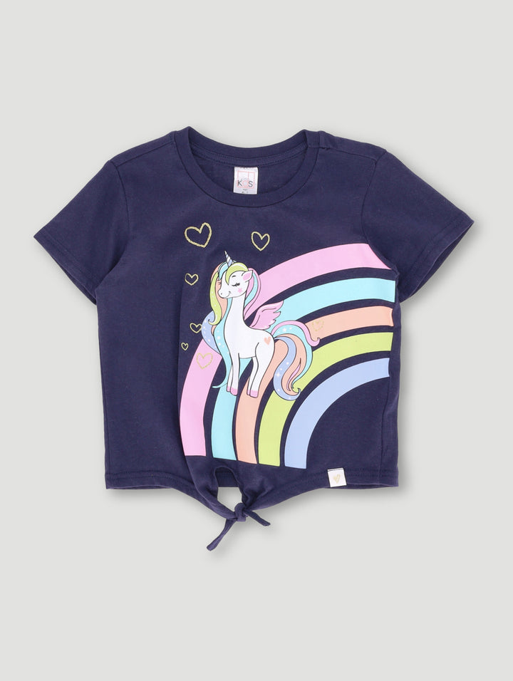 Pre- Girls Front Tie Unicorn Tee - Navy