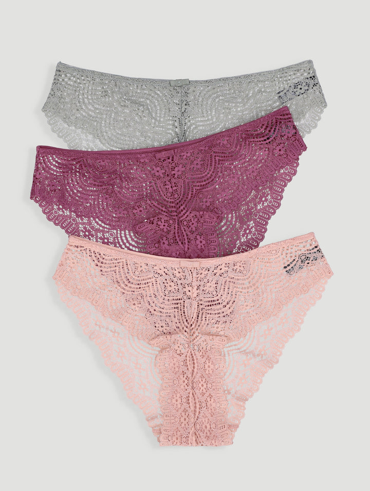 3 Pack Lace Brazilian Panties - Sage/Stone/Rose