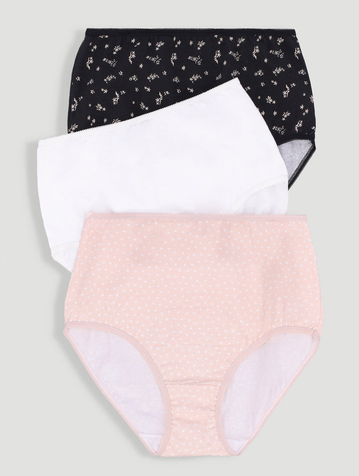 3 Pack Cotton Stretch Brief Panties - Black/Peach/White
