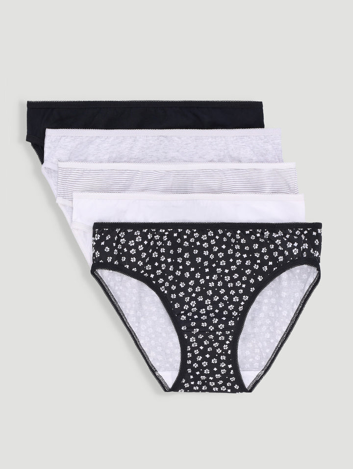 5 Pack Cotton Stretch Bikini Panties - Black/Floral/Grey/Stripe/White