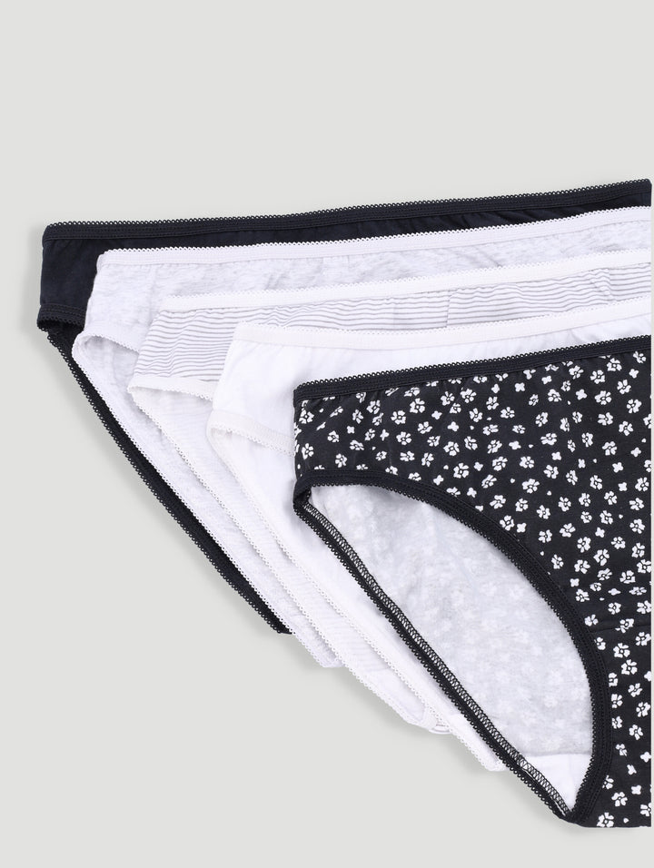 5 Pack Cotton Stretch Bikini Panties - Black/Floral/Grey/Stripe/White