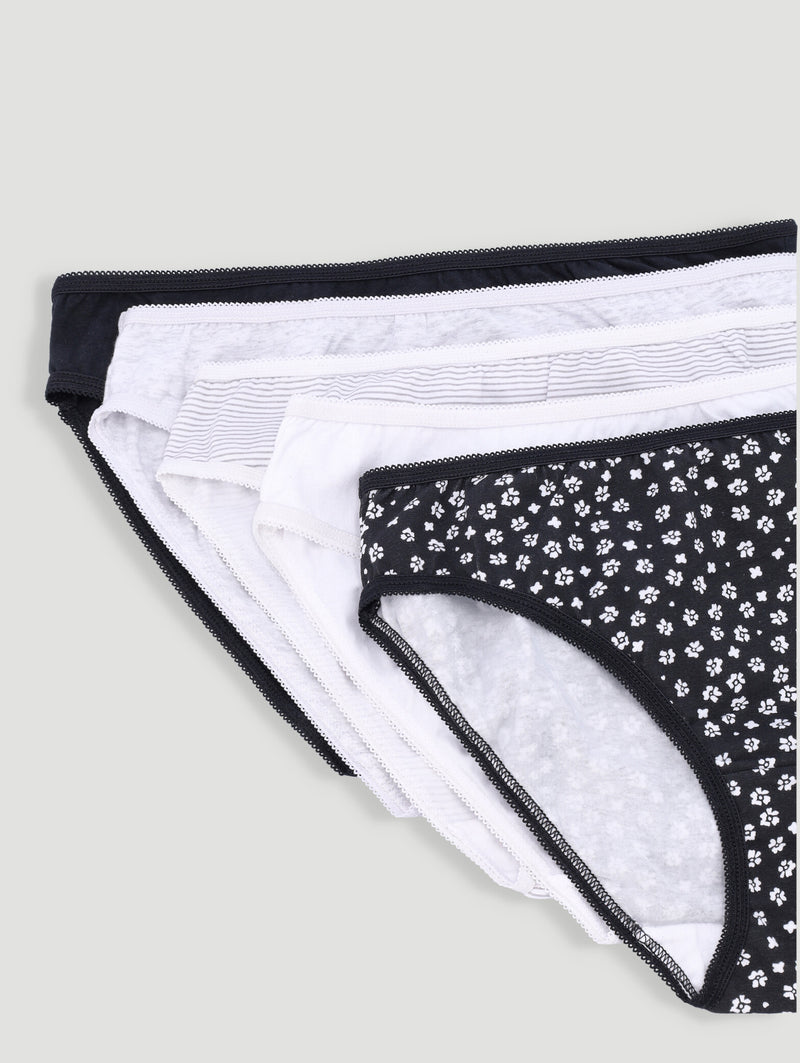 5 Pack Cotton Stretch Bikini Panties - Black/Floral/Grey/Stripe/White