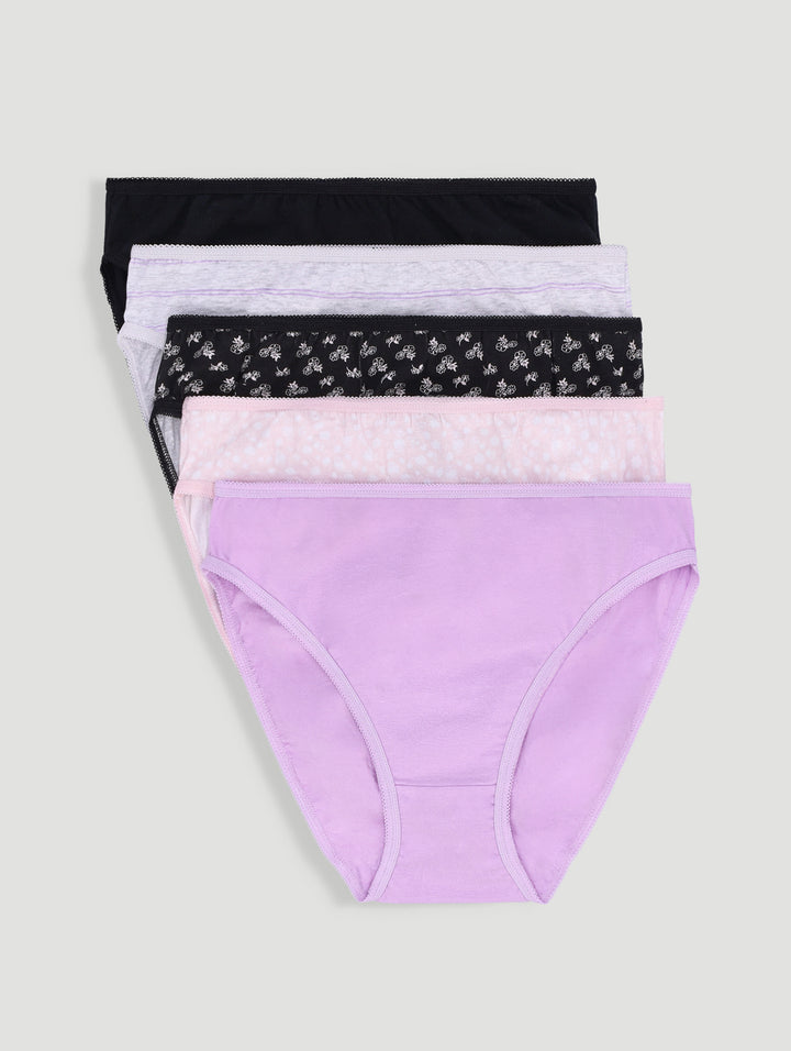 5 Pack Cotton Stretch Hi-Cut Panties - Nude Floral/Black/Stripe