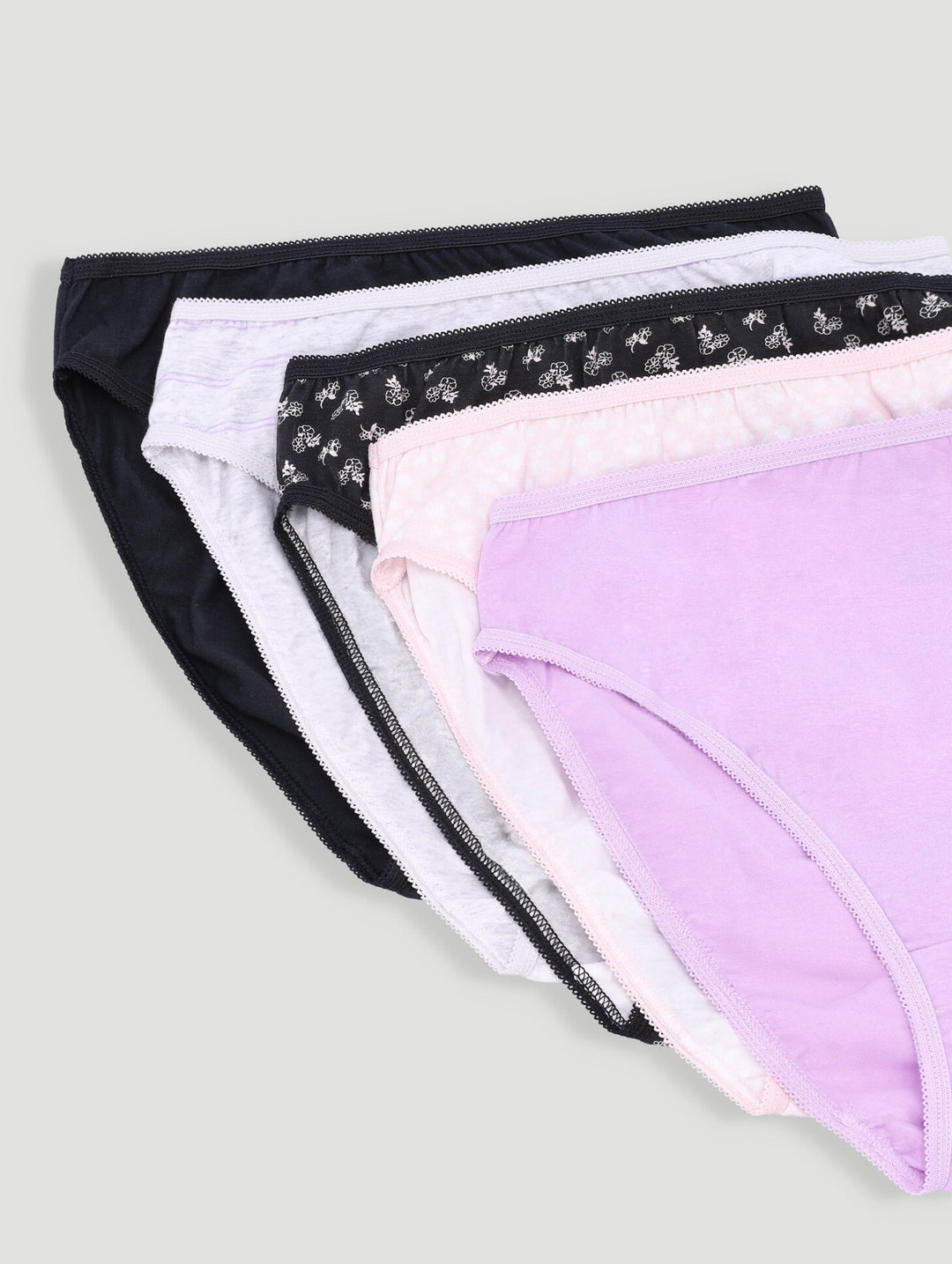 5 Pack Cotton Stretch Hi-Cut Panties - Nude Floral/Black/Stripe