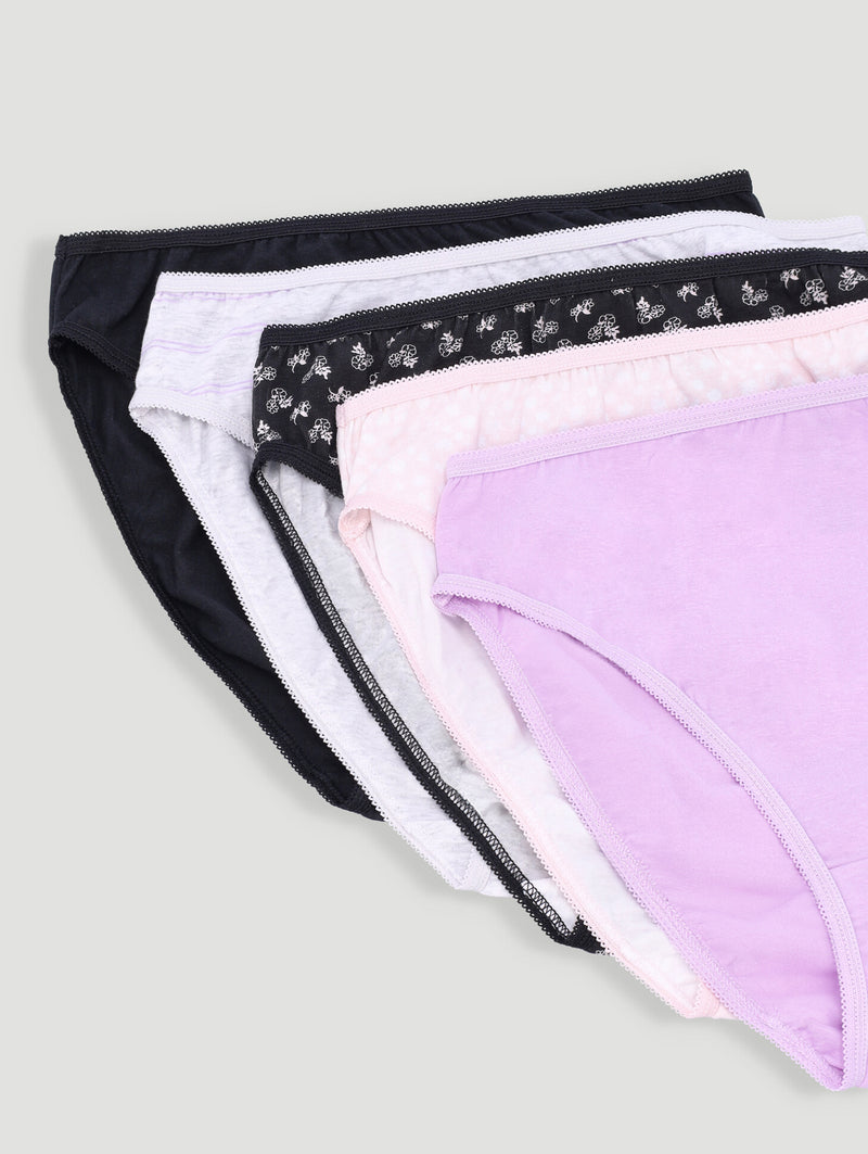 5 Pack Cotton Stretch Hi-Cut Panties - Nude Floral/Black/Stripe