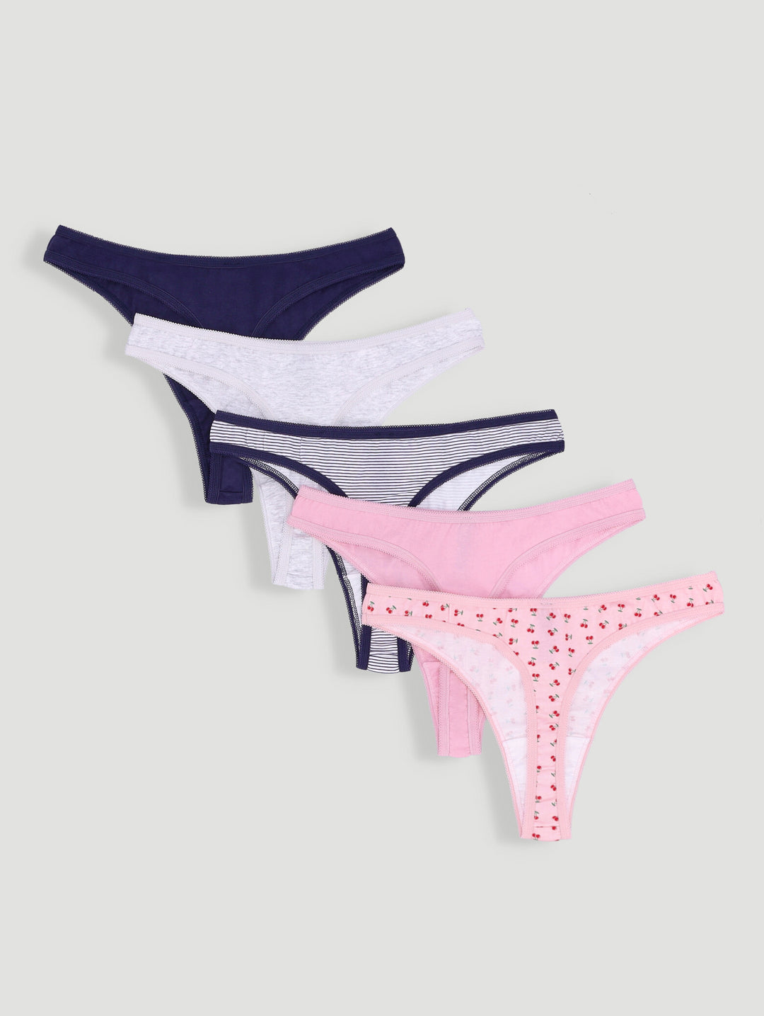 5 Pack Cotton Stretch Thong Panties - Slate/Stripe/Grey/Cherry/Black