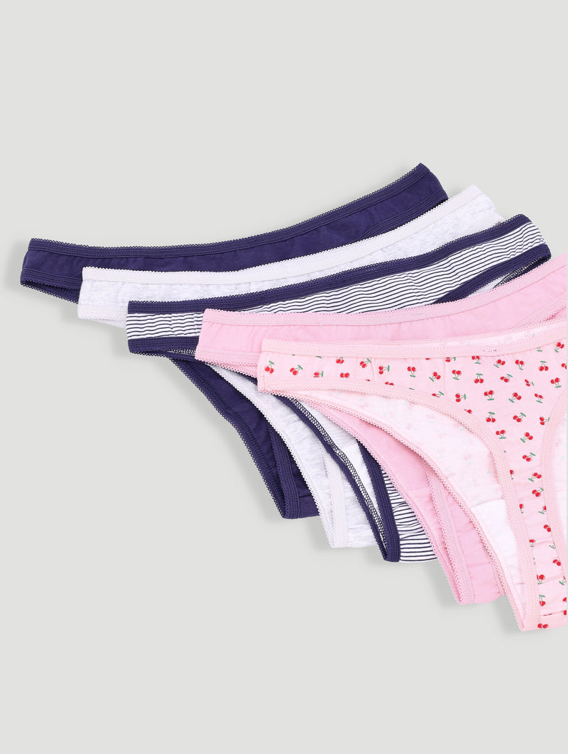 5 Pack Cotton Stretch Thong Panties - Slate/Stripe/Grey/Cherry/Black