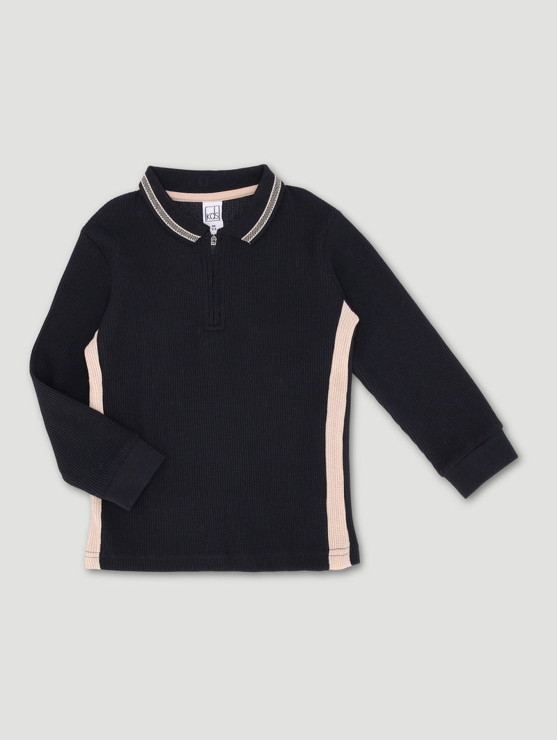 Pre-Boys Waffle Zip Colourblock Tee - Black/Beige
