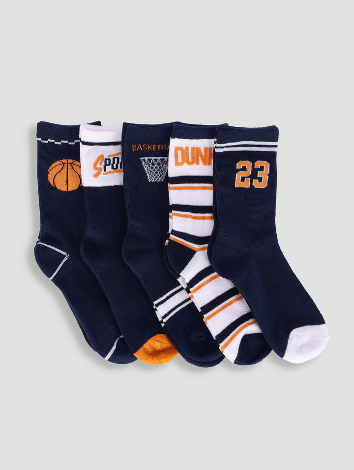 Pre-Boys 5 Pack Striped Basketball Ankle Socks - Navy