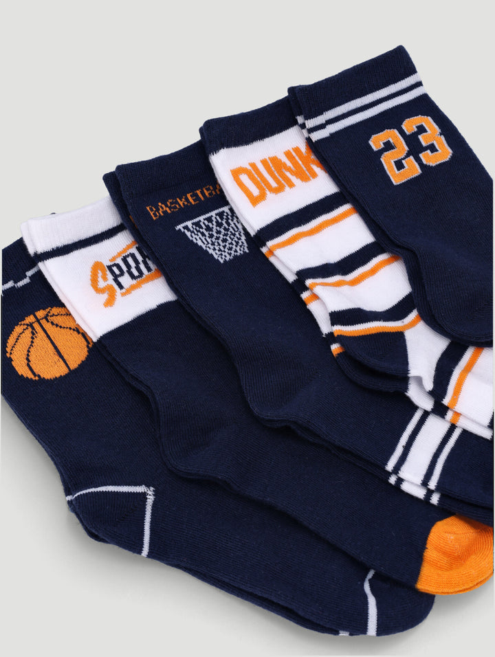 Pre-Boys 5 Pack Striped Basketball Ankle Socks - Navy