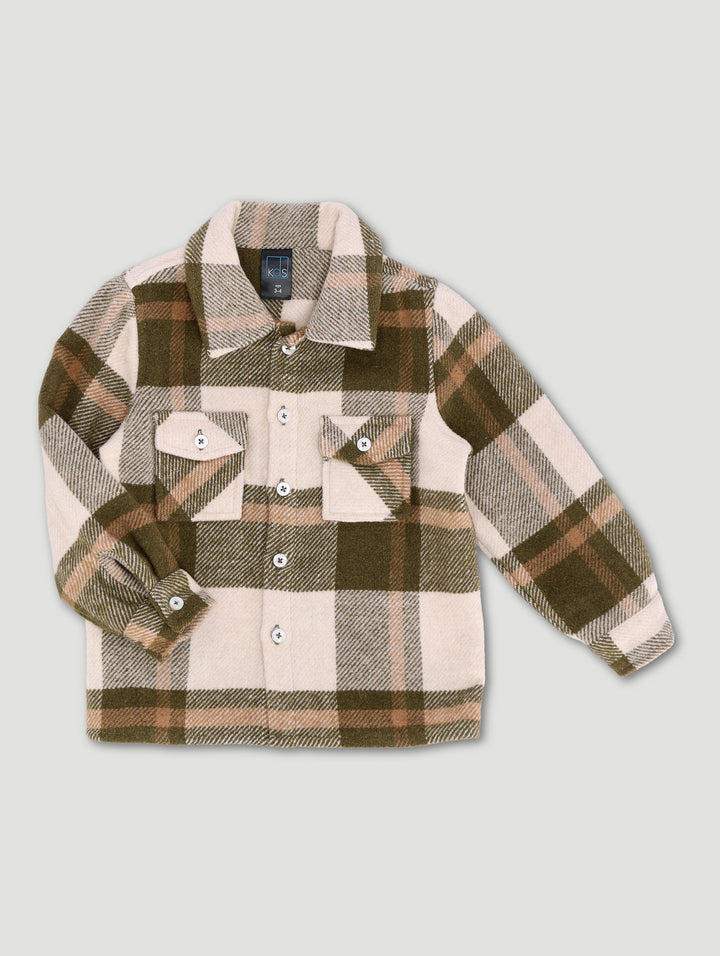 Pre-Boys Flannel Check Shacket - Olive/Stone