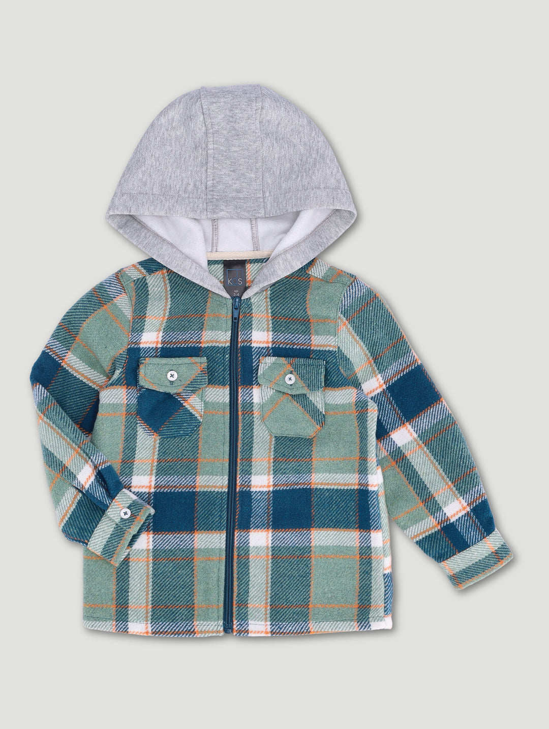 Pre-Boys Hooded Zip Flannel Shirt - Green/Tan