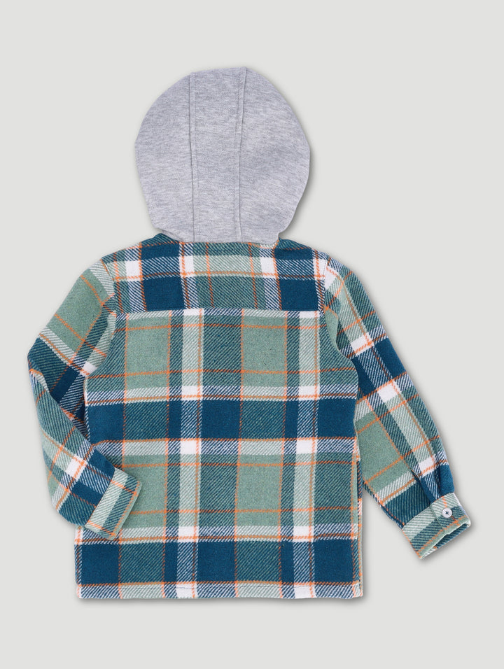 Pre-Boys Hooded Zip Flannel Shirt - Green/Tan