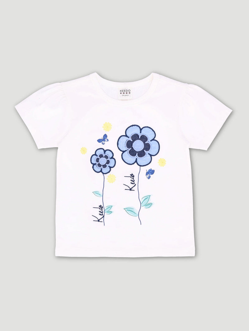Keedo Pre-Girls Heart Embroidery  Fashion Tee - White