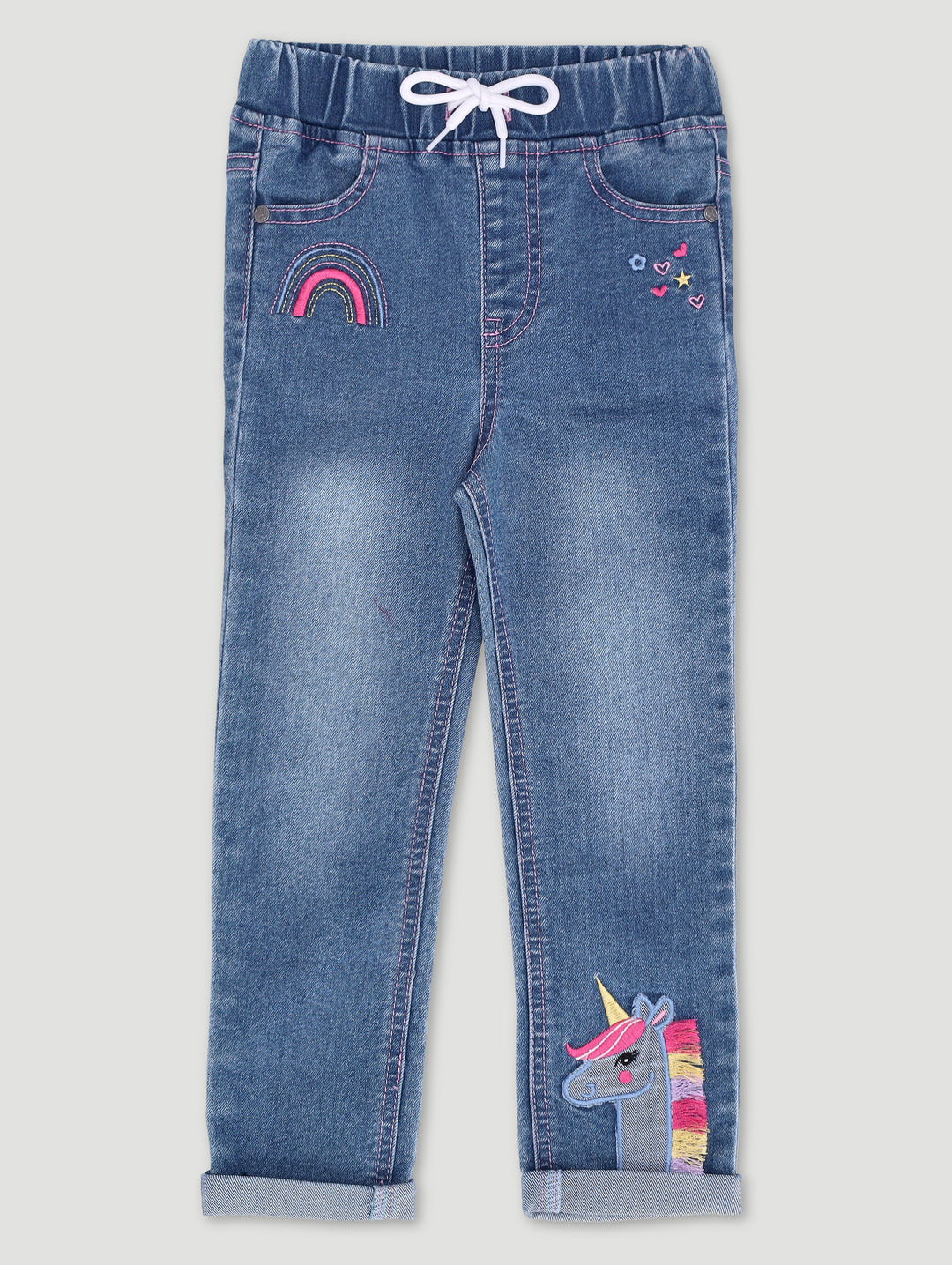 Pre-Girls Unicorn Applique Denim - Mid Blue