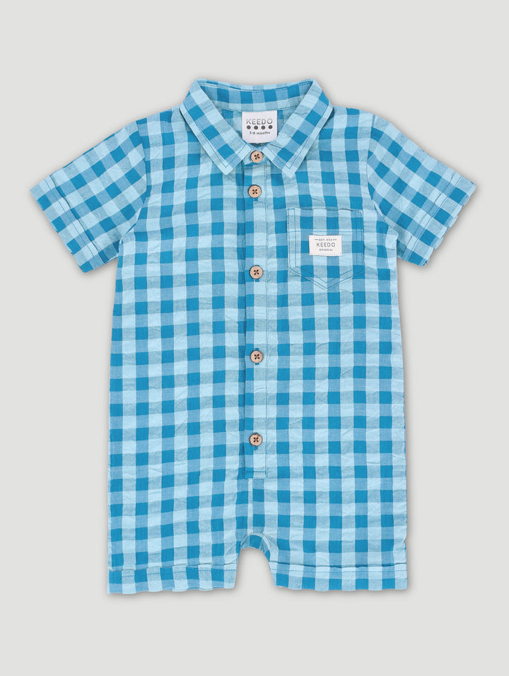Keedo Baby Boys Gingham Button Up Romper - Blue