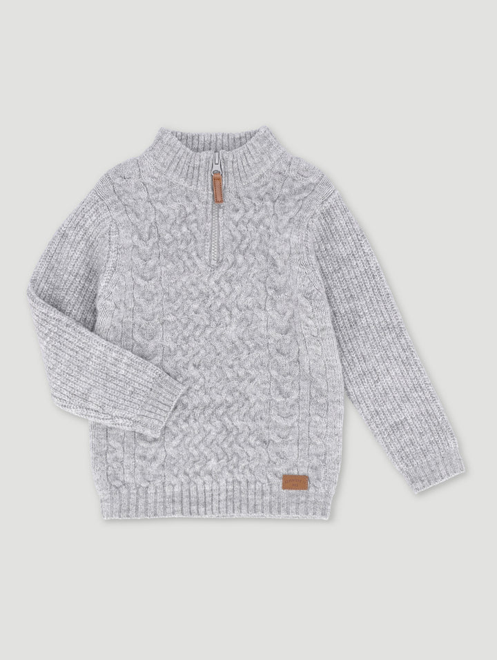 Pre-Boys Cable Knit Quarter Zip Pullover - Light Grey Melange