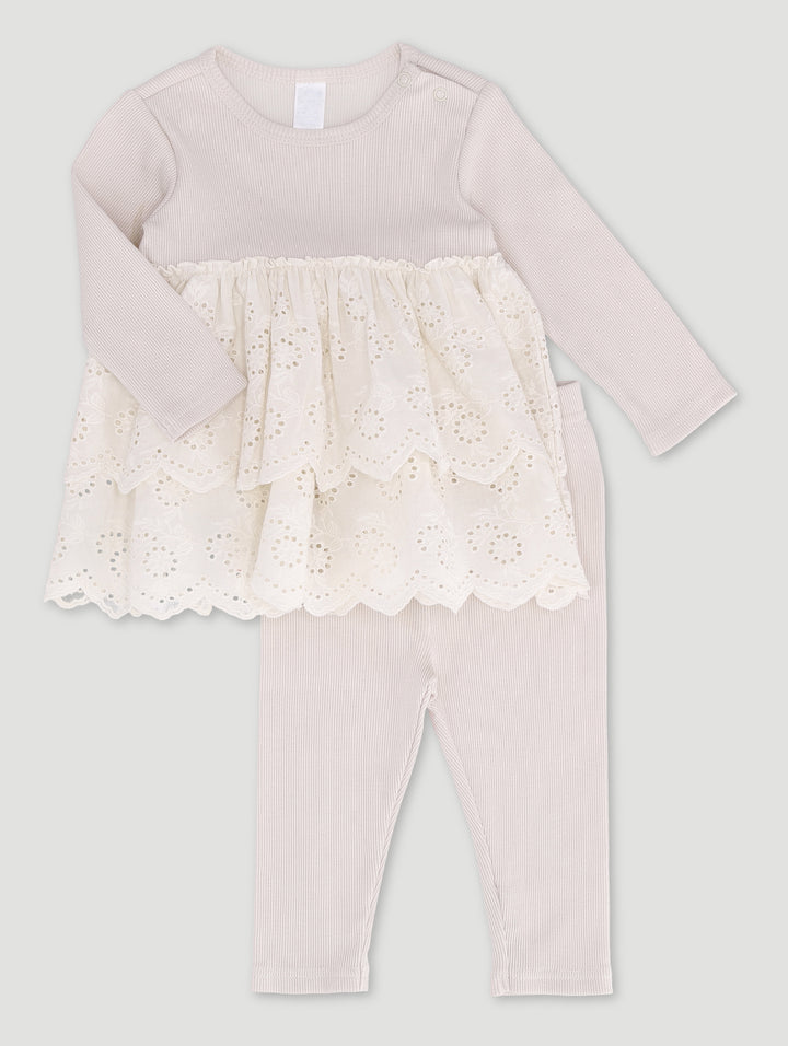 Baby Girls Anglaise Dress With Leggings - Light Stone
