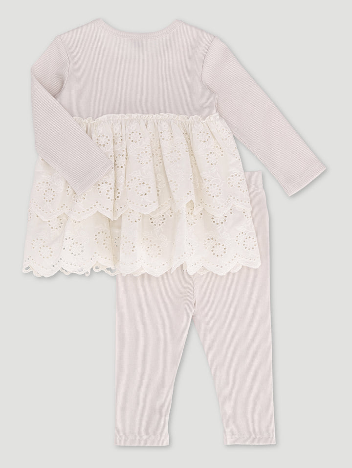 Baby Girls Anglaise Dress With Leggings - Light Stone