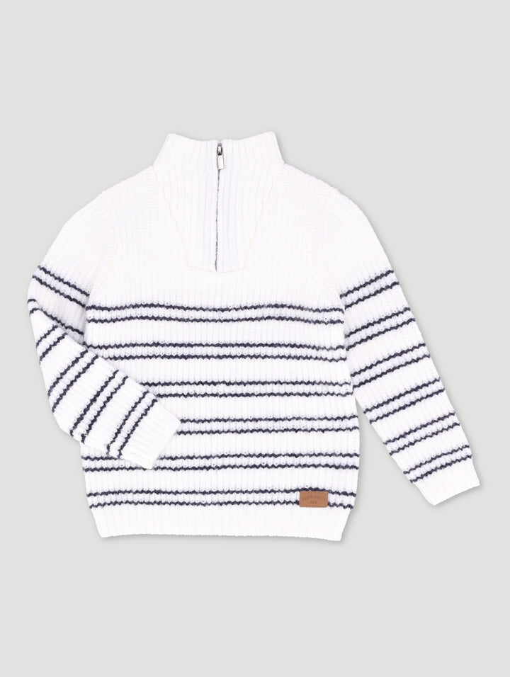 Pre-Boys Quarter Zip Stripe Knitwear - White/Navy