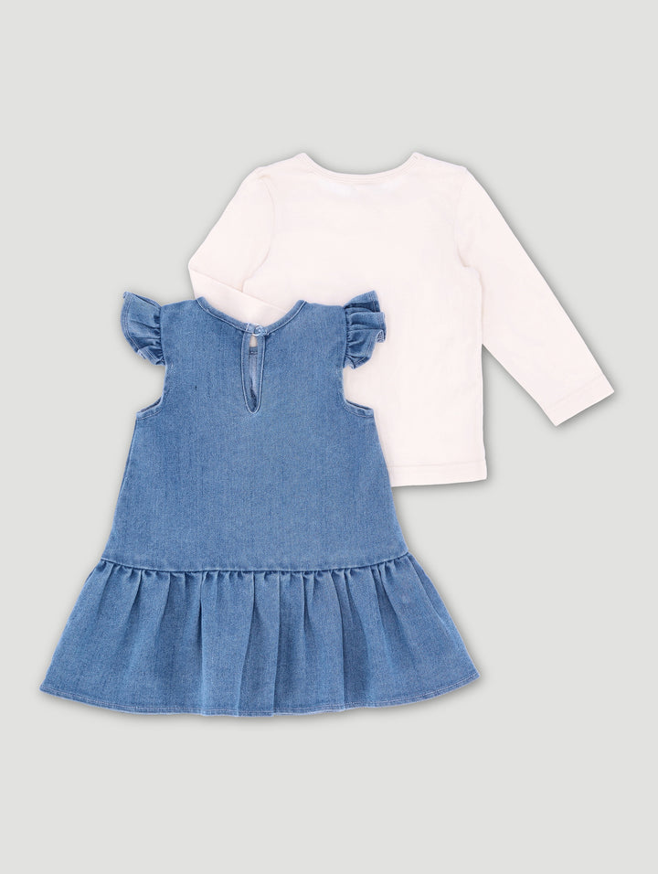 Baby Girls Denim Pinnie Dress With Tee - Mid Denim