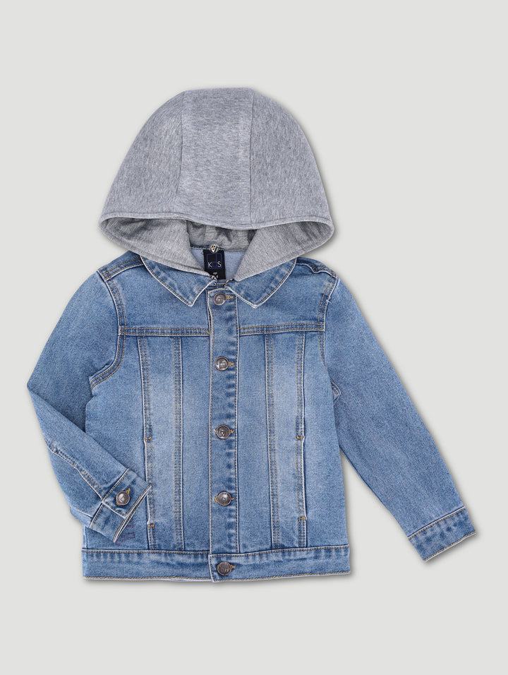 Pre-Boys Denim Bomber Jacket With Fleece Hood - Blue