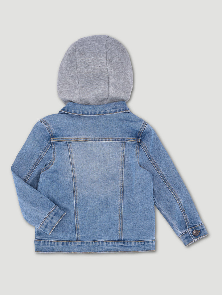 Pre-Boys Denim Bomber Jacket With Fleece Hood - Blue