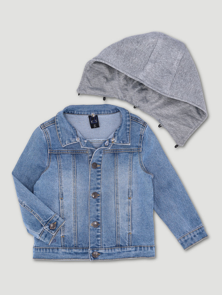 Pre-Boys Denim Bomber Jacket With Fleece Hood - Blue