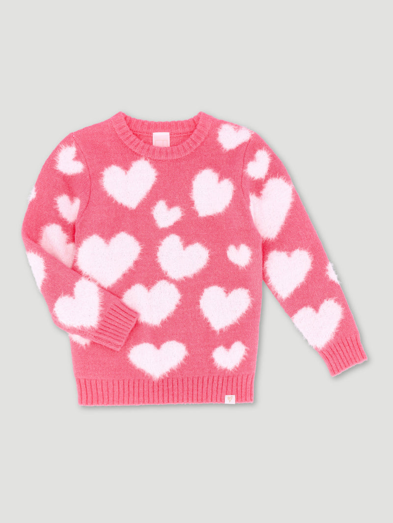 Pre-Girls Heart Print Pullover - Mid Pink