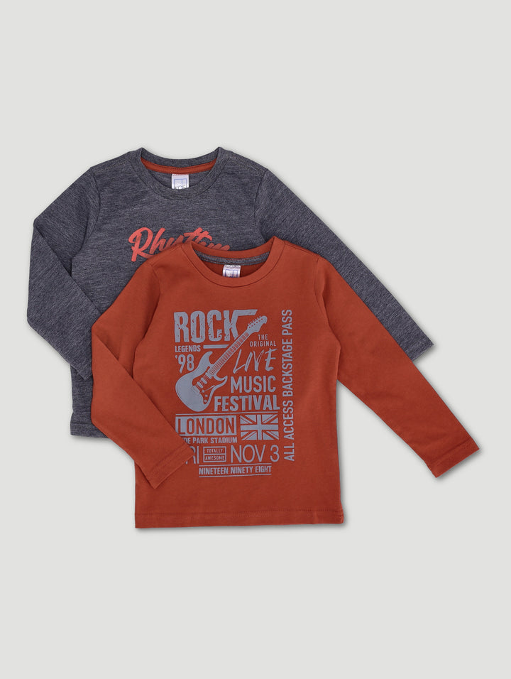 Pre-Boys 2 Pack Long Sleeve Music Tee - Red Ochre/Charcoal