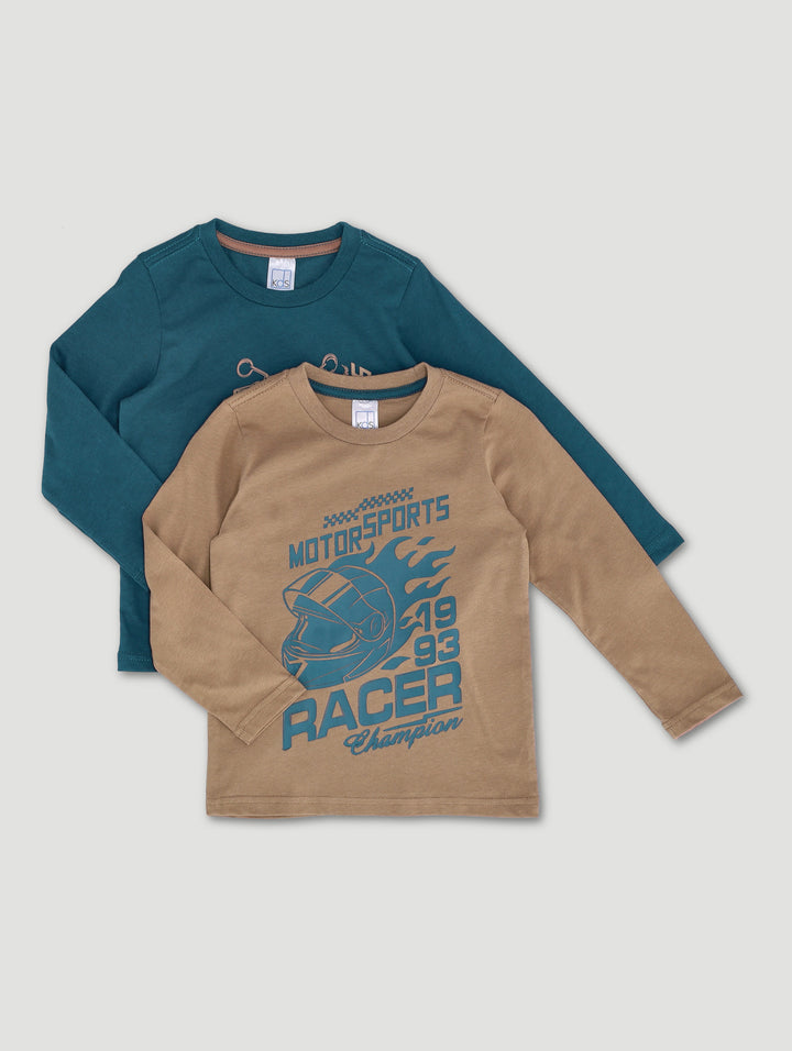 Pre-Boys 2 Pack Long Sleeve Motorbike Tees - Tan/Teal