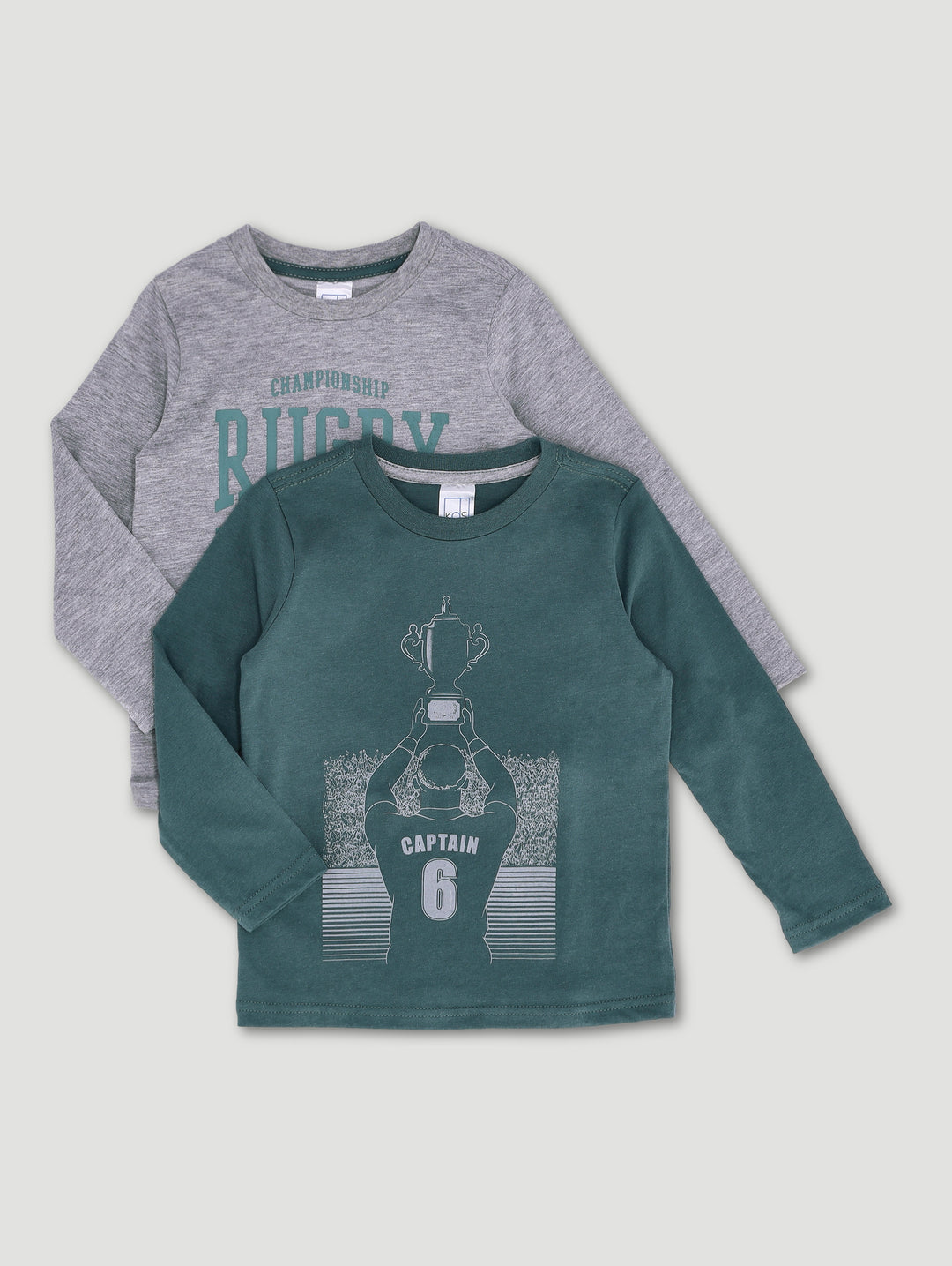 Pre-Boys 2 Pack Long Sleeve Rugby Tee - Teal/Grey Melange