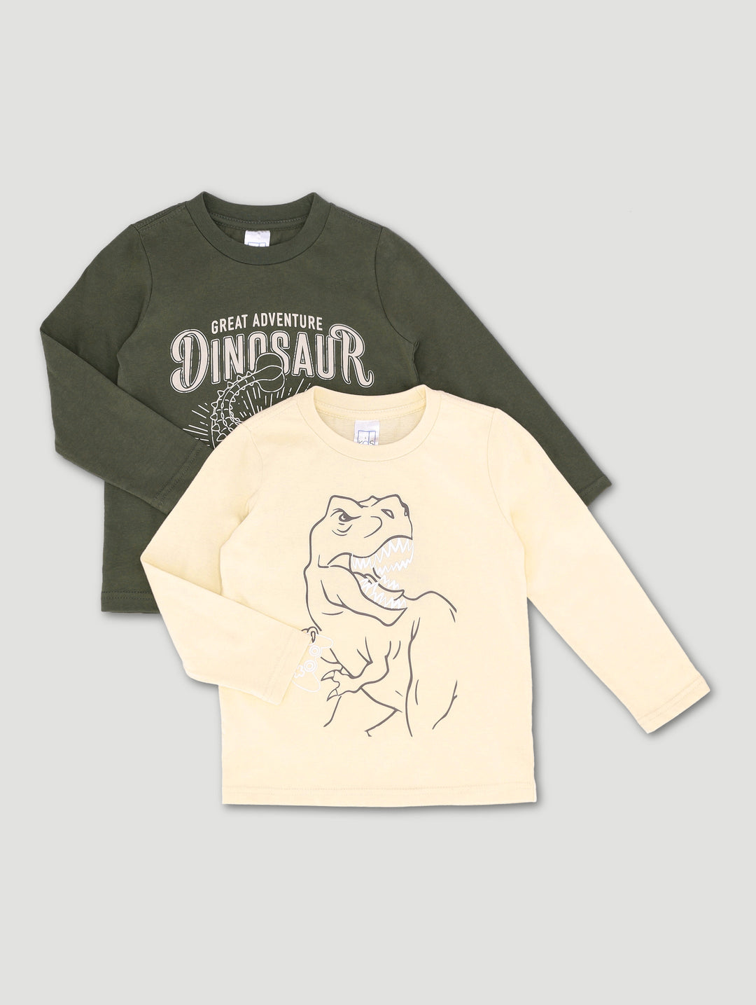 Pre-Boys 2 Pack Long Sleeve Dino Tee - Stone/Olive