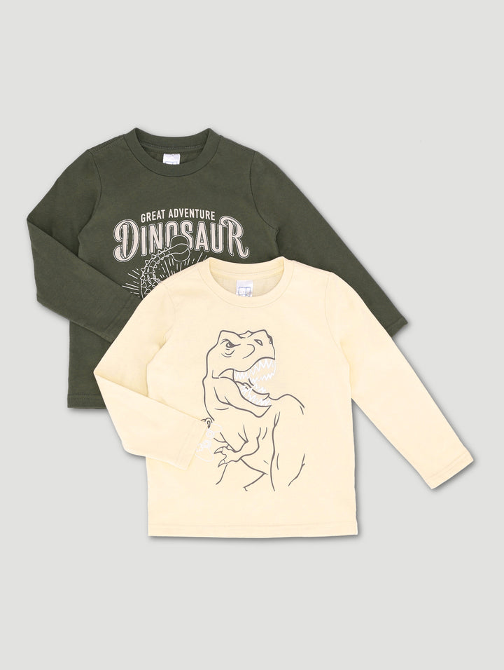 Pre-Boys 2 Pack Long Sleeve Dino Tee - Stone/Olive