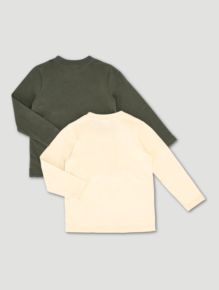 Pre-Boys 2 Pack Long Sleeve Dino Tee - Stone/Olive