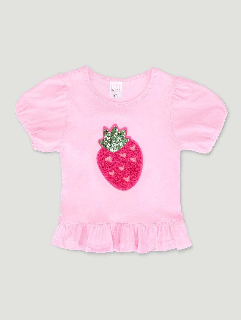 Pre-Girls Strawberry Applique Top - Pink
