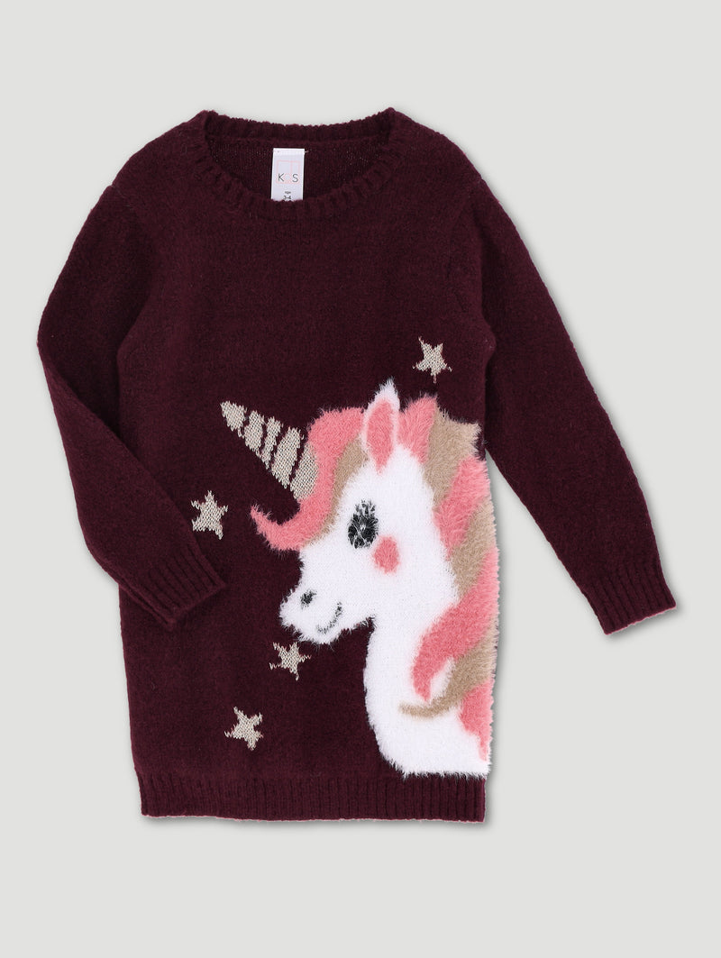 Pre-Girls Knitted Unicorn Dress - Burgundy