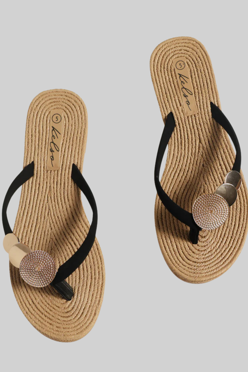 Metal Circle Trim Thong Sandal - Black