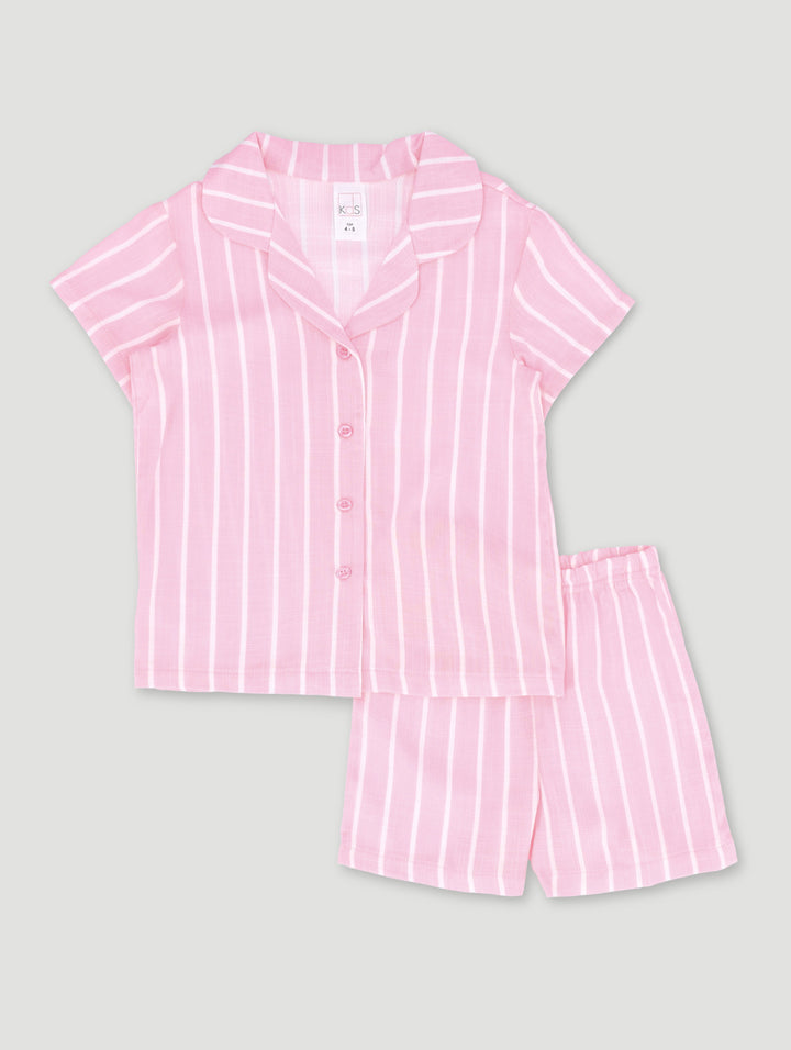 Pre-Girls Linen Stripe Sleep Set - Pink