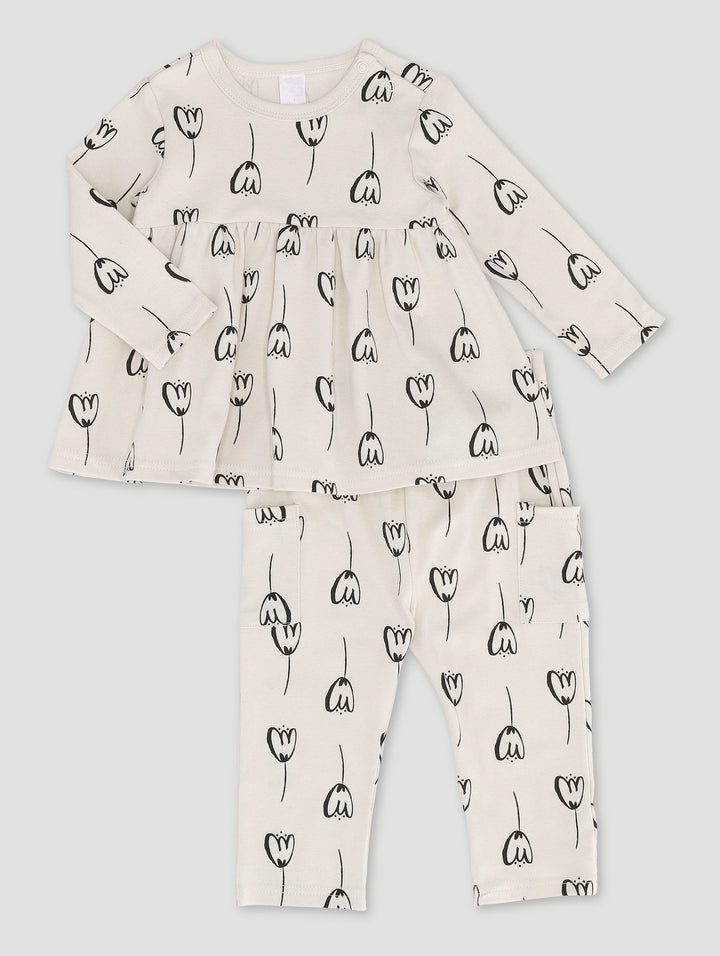 Baby Girls Printed Interlock Set - Light Stone
