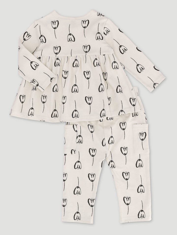 Baby Girls Printed Interlock Set - Light Stone