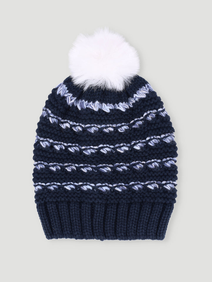 Boys Mixed Knit Beanie With Pom Pom - Blue