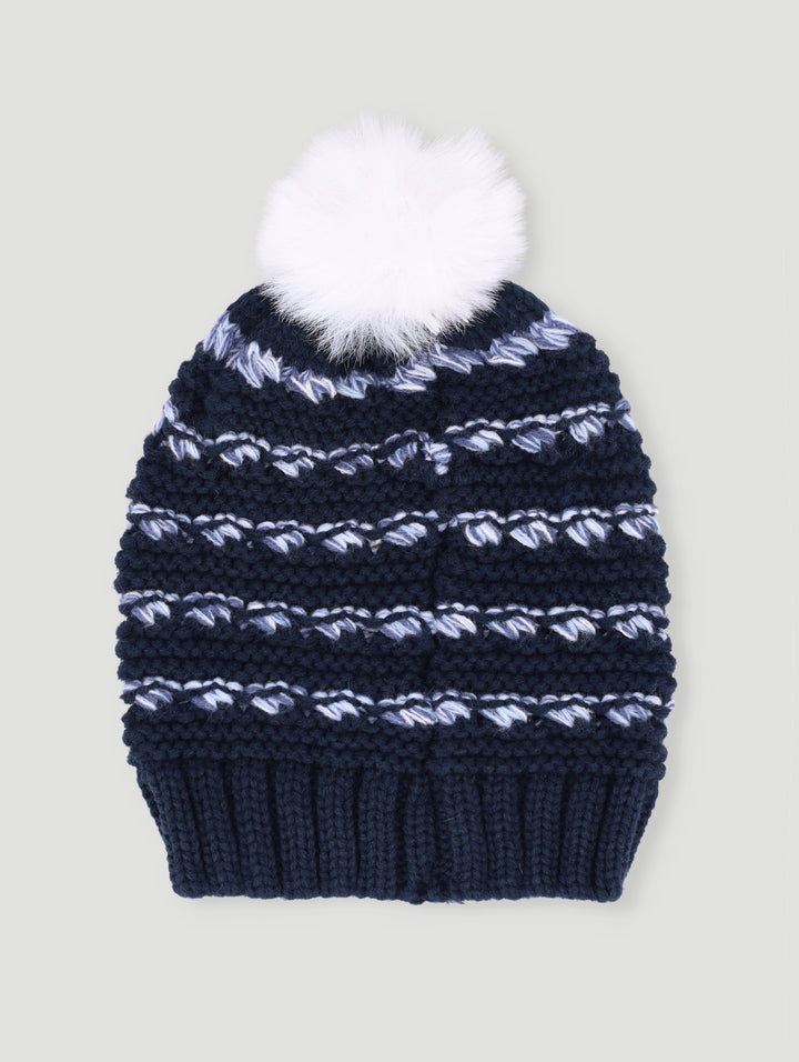 Boys Mixed Knit Beanie With Pom Pom - Blue