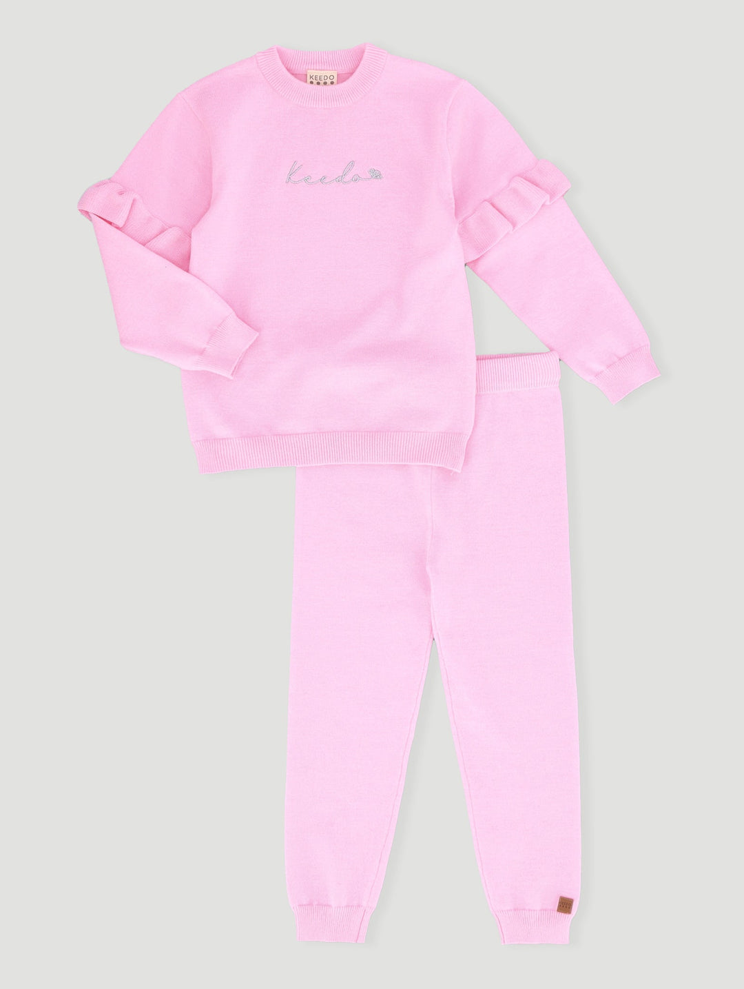 Keedo Girls Pink Knit Set With Lurex & Frill Sleeve Details