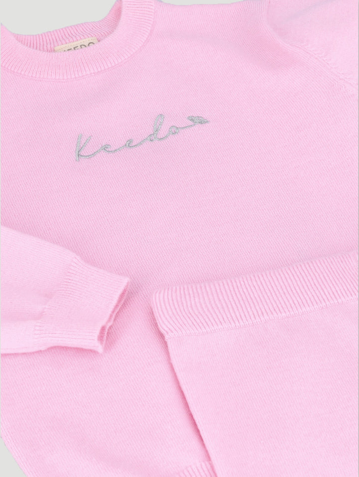 Keedo Girls Pink Knit Set With Lurex & Frill Sleeve Details