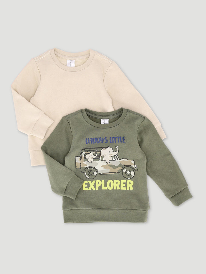 Baby Boys 2 Pack Sweat Tops - Explorer Fatigue/Off White