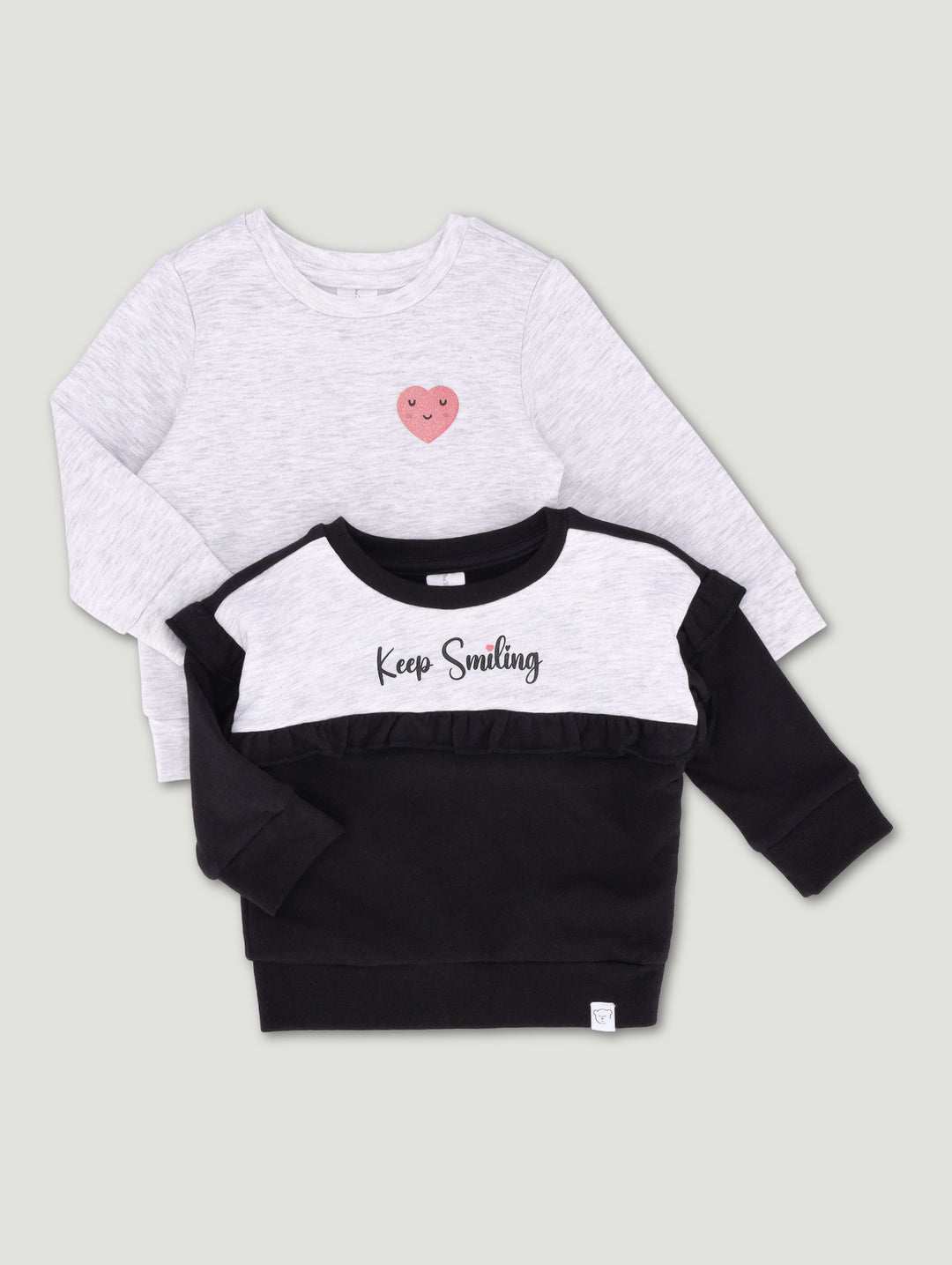 Baby Girls 2 Pack Keep Smiling Sweat Tops - Grey Melange/Black