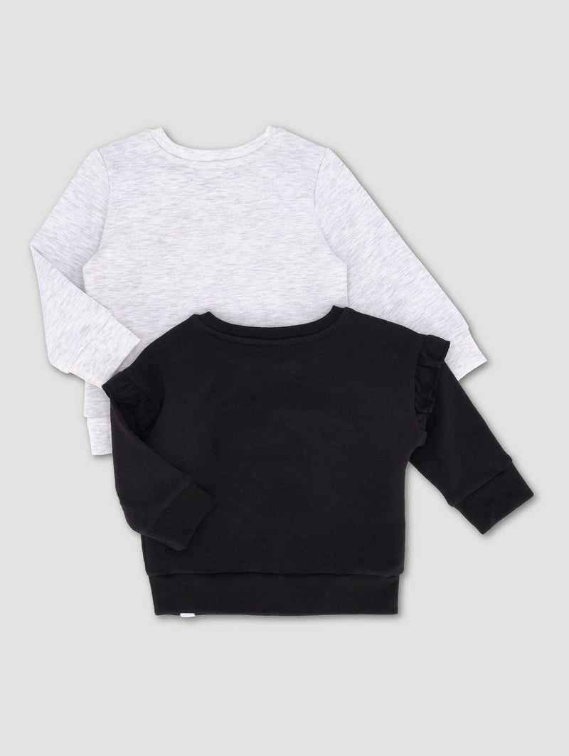 Baby Girls 2 Pack Keep Smiling Sweat Tops - Grey Melange/Black
