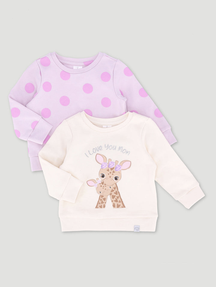 Baby Girls 2 Pack Giraffe Print Sweat Top - Lilac/Grey